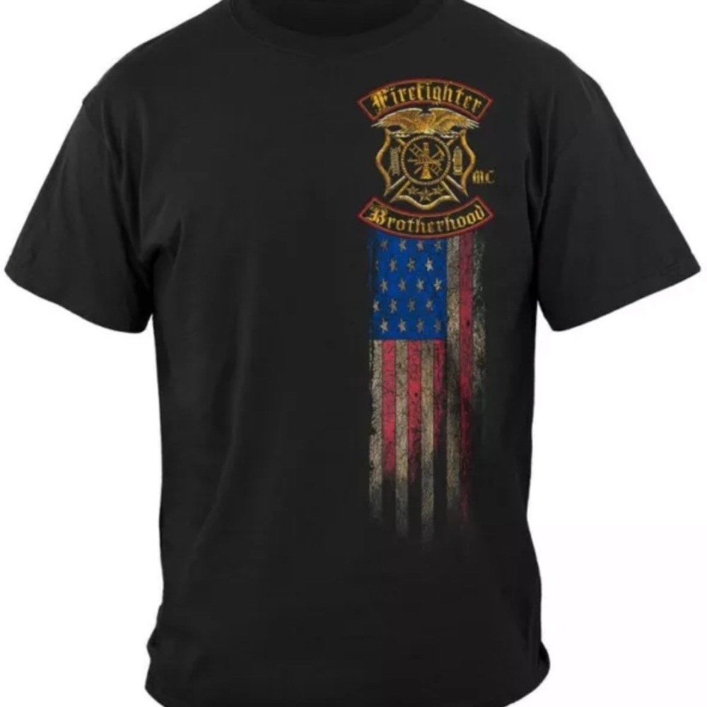Firefighter Double USA Flag Brotherhood Gold Foil T-Shirt 100% Cotton Black 2XL